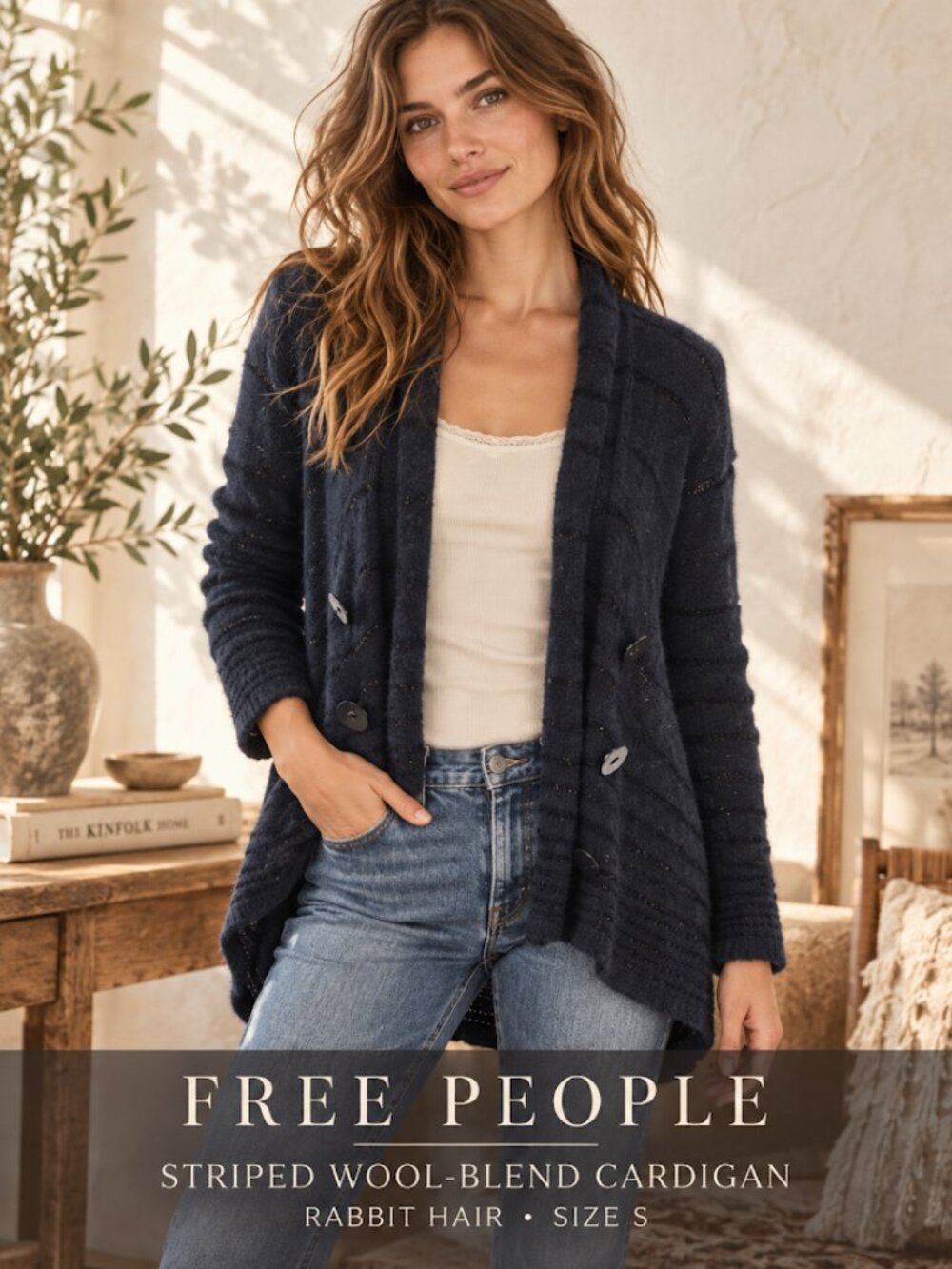 Free People Navy Blue & Black Striped Wool-Rabbit Hair Blend Cardigan